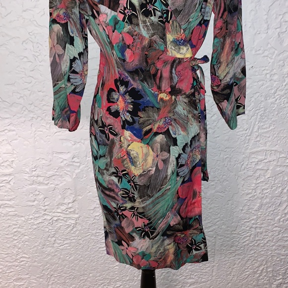 🌼Vintage Multicolor Marble Floral Ruffle Side Tie Pencil Dress - Picture 4 of 12